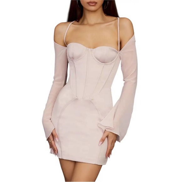 House of CB Isra Long Sleeve Georgette Corset Mini Dress in Crystal Pink Size S - Picture 2 of 14